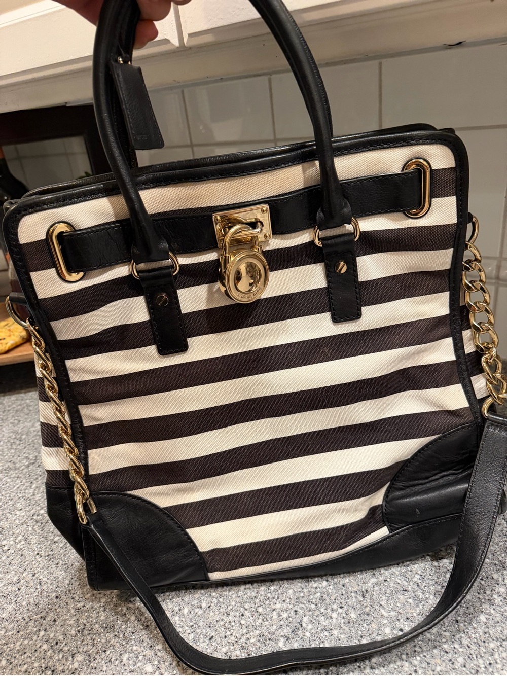 Michael Kora Striped Canvas Tote Handbag with Black Leather Trim and Gold Lock